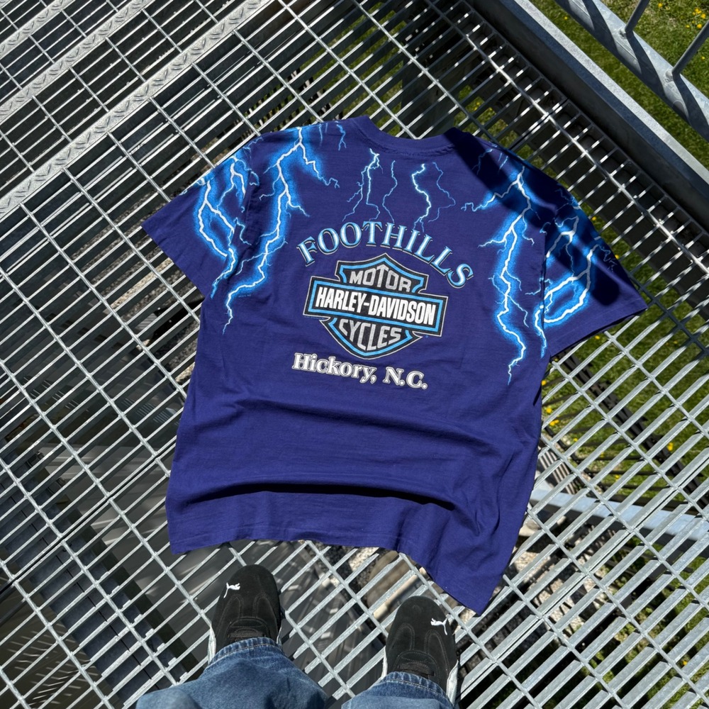 Vintage 90s Blue Lightning Harley Davidson All Over Print Tee